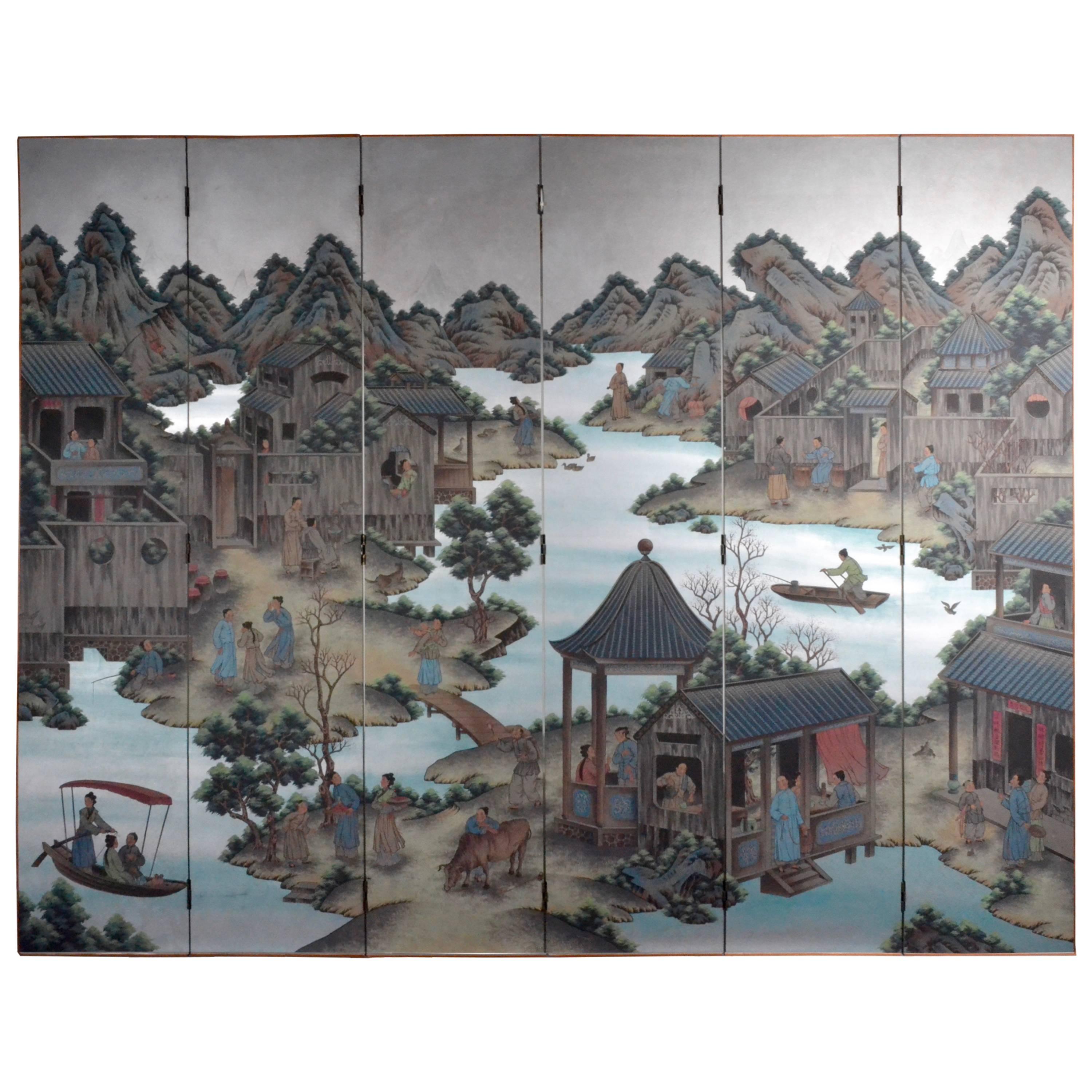 Hand-Painted Chinoiserie Six-Panel Screen