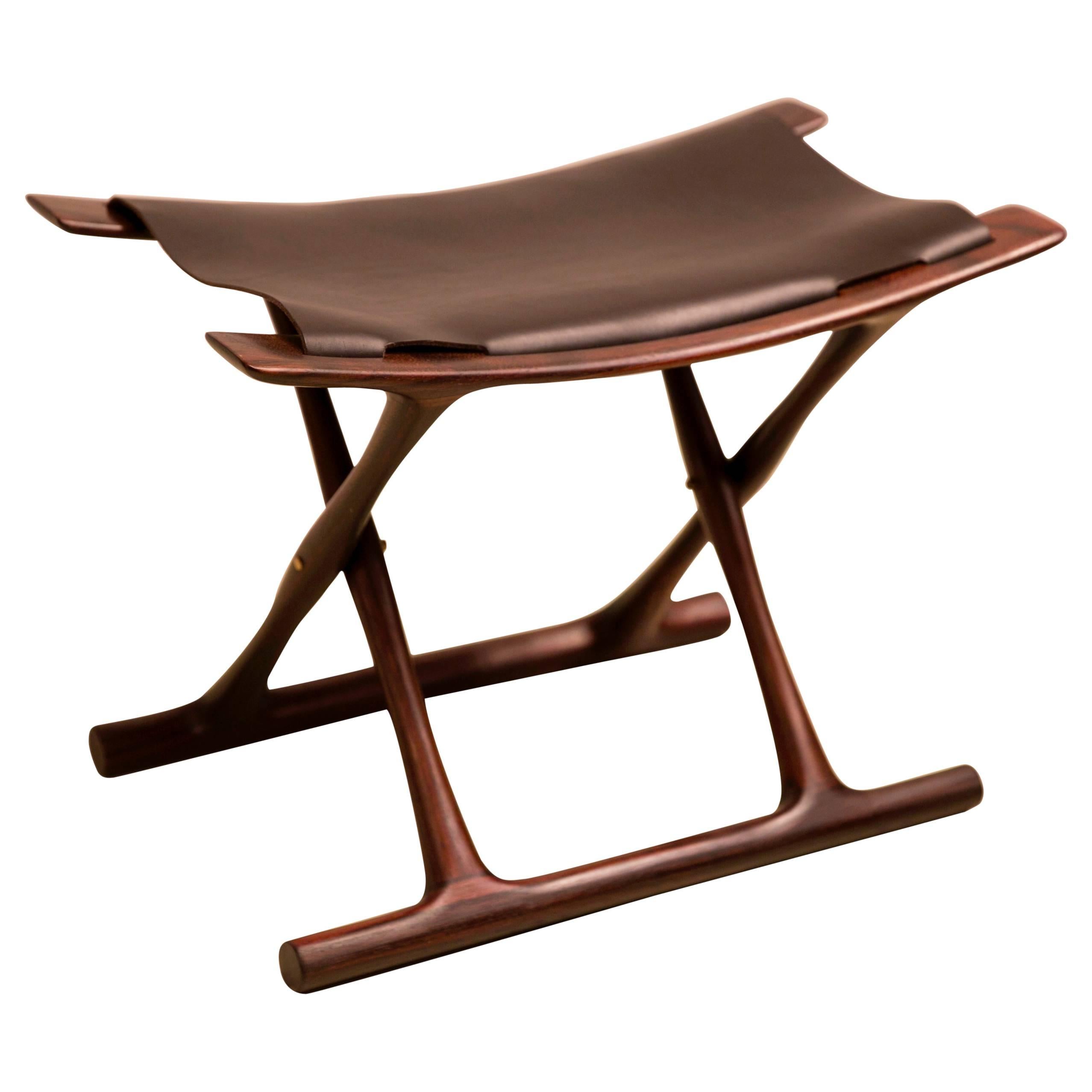 Egyptian Folding Stool by Ole Wanscher in Indian Rosewood and Black Leather For Sale