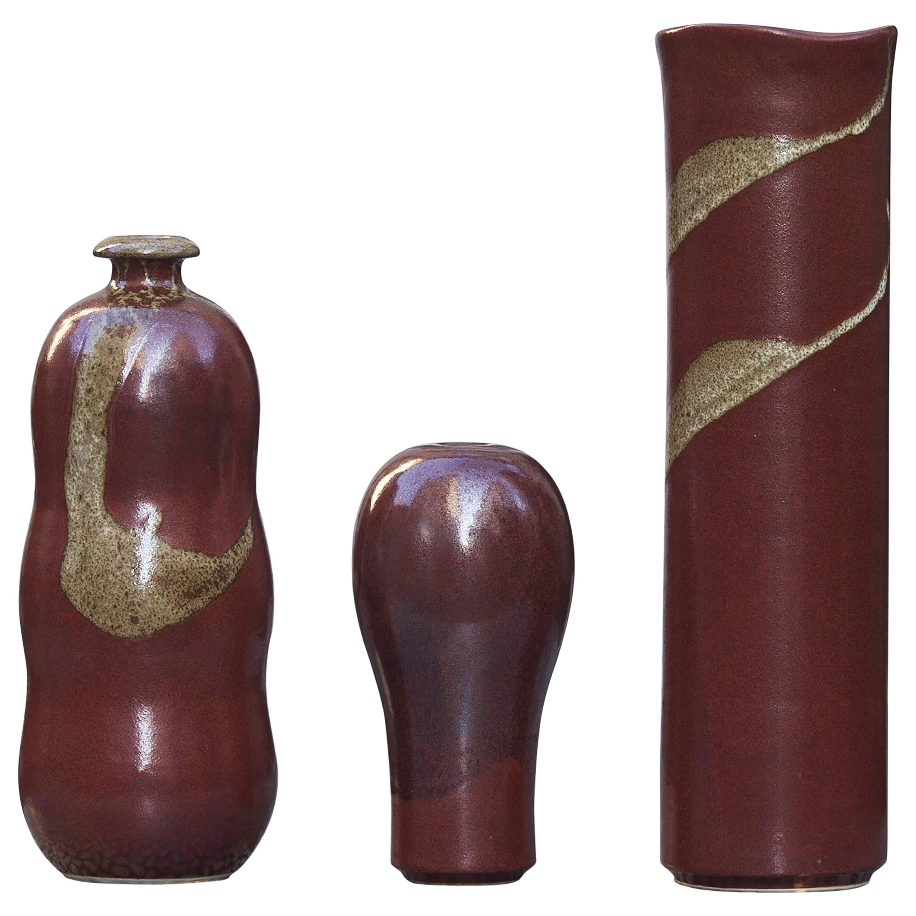 Horst Kerstan Art Pottery Red Golden Ceramic Vase Set of Three