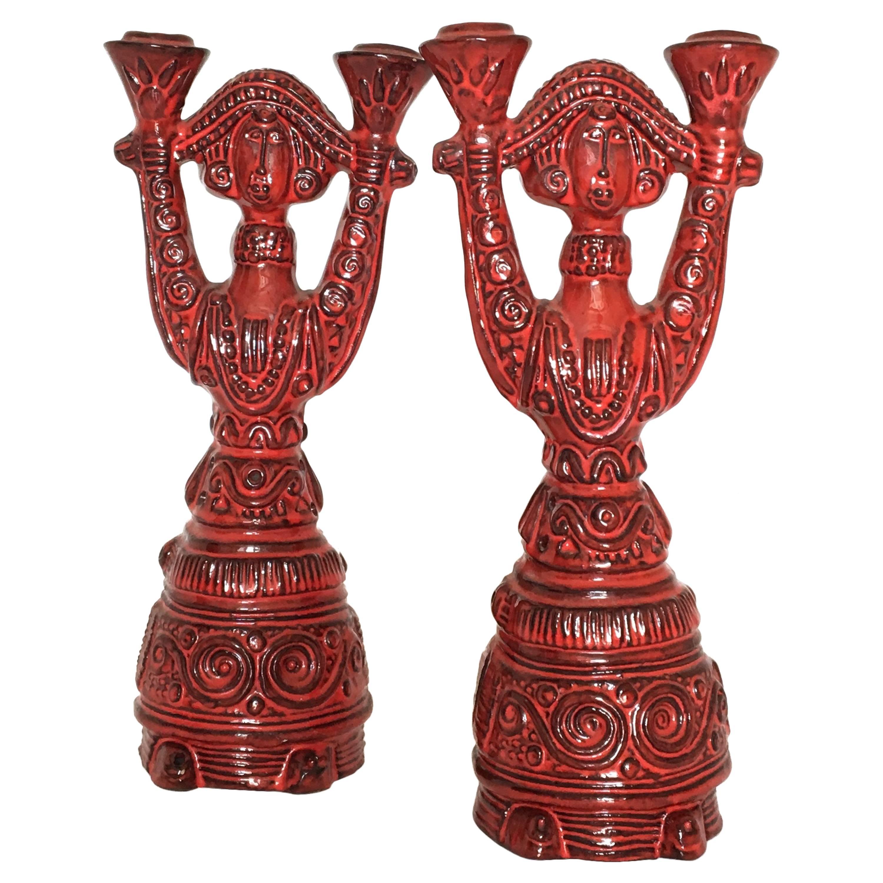 Pair of Mid-Century Italian Ceramic Candlesticks by Bitossi
