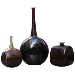 Gerald Weigel Art Pottery Brown Glazed Ceramic Vase Set of Three