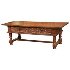 19th Century French Carved Chestnut Two-Drawer Coffee Table from the Pyrenees