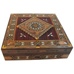 Syrian Walnut Wood Box Inlaid with Fruitwood and Mother-of-pearl, 20th Century