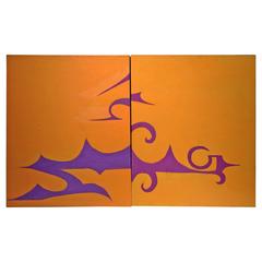 Pair of Abstract Design Orange and Purple Paintings