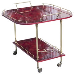 Aldo Tura Red Goatskin Bar Cart with Fold-Up Sides