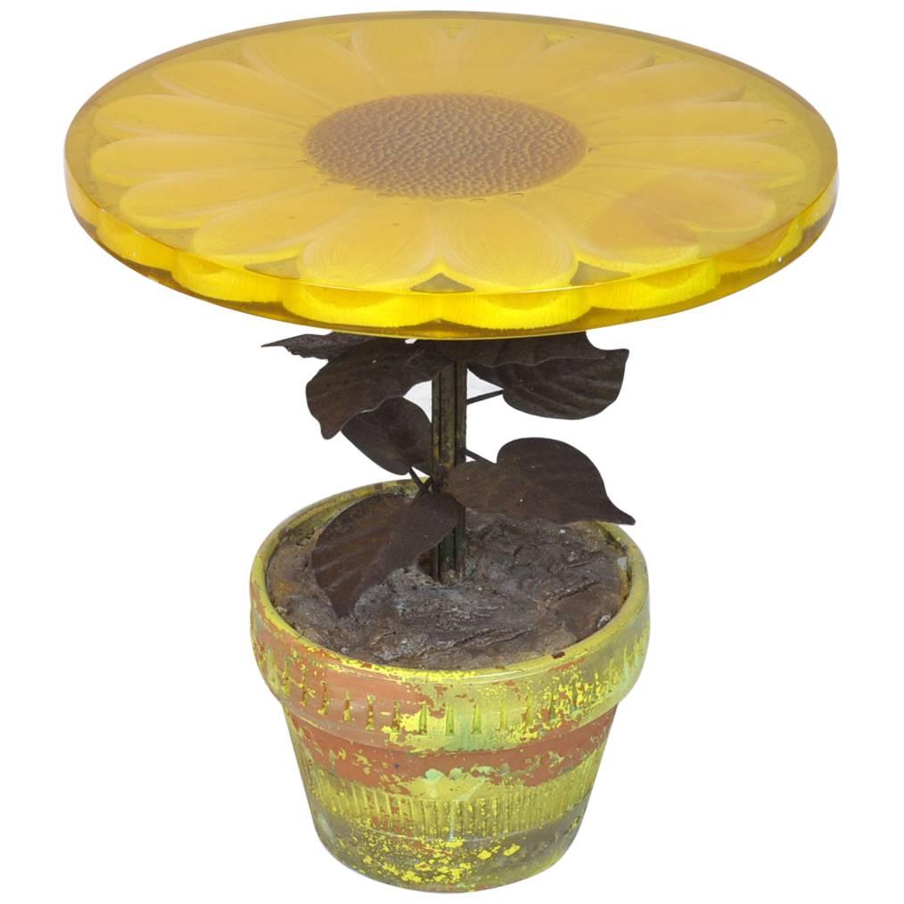 Mid-Century Acrylic Sunflower Table with Metal Base and Leaves in Planter