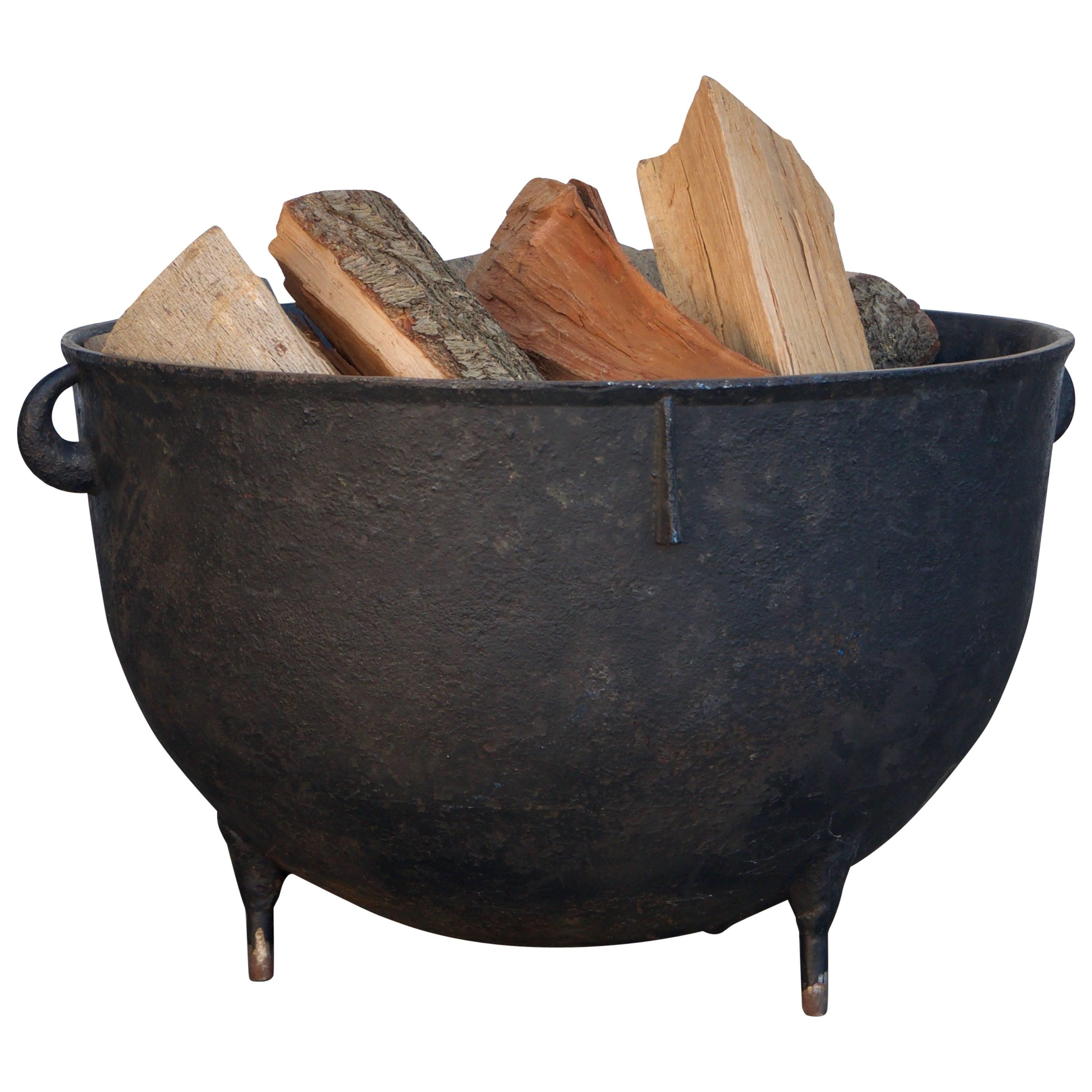 Large Patinated Iron Cauldron Wood Holder