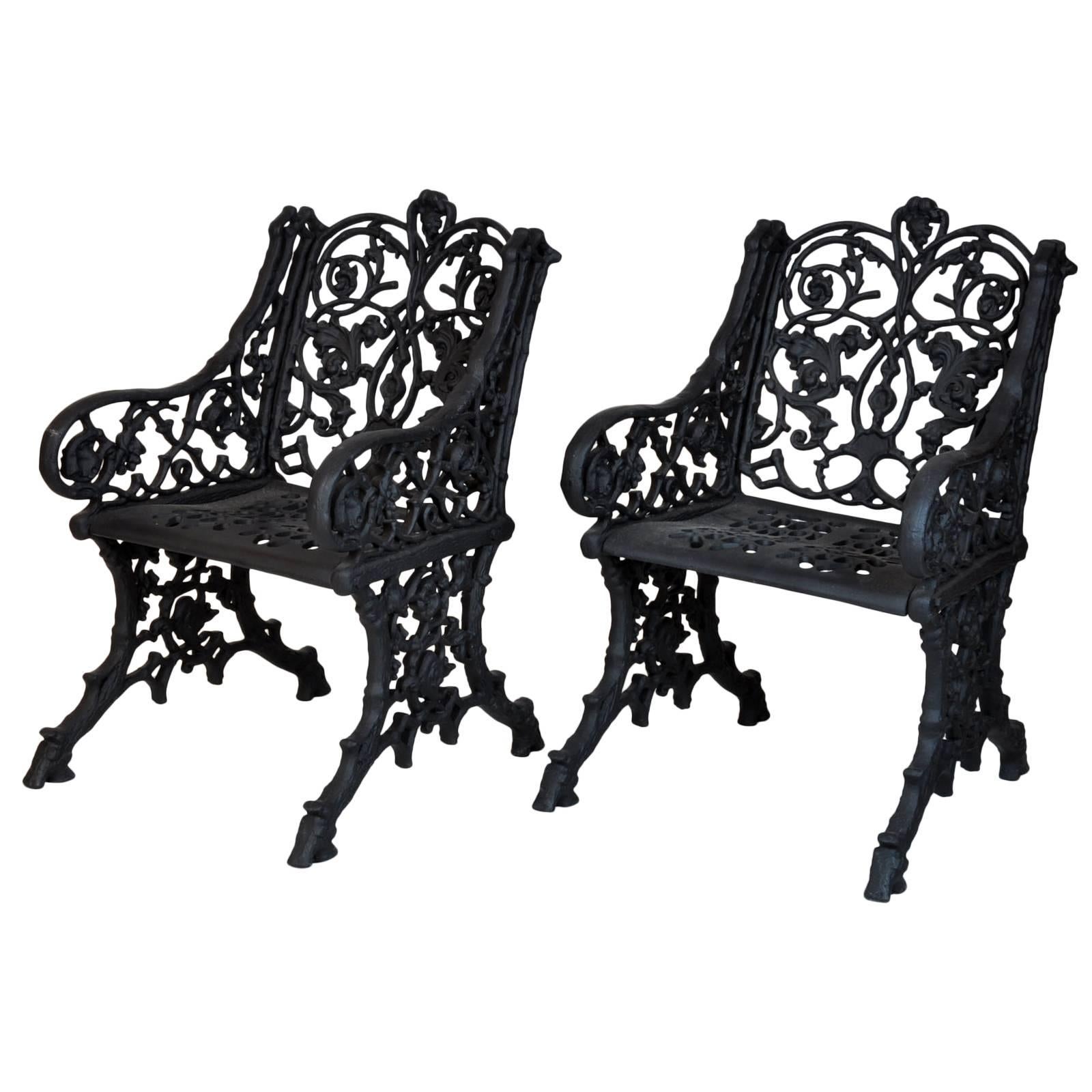 Pair of 19th Century Victorian Cast Iron Garden Armchairs with Root Style Base