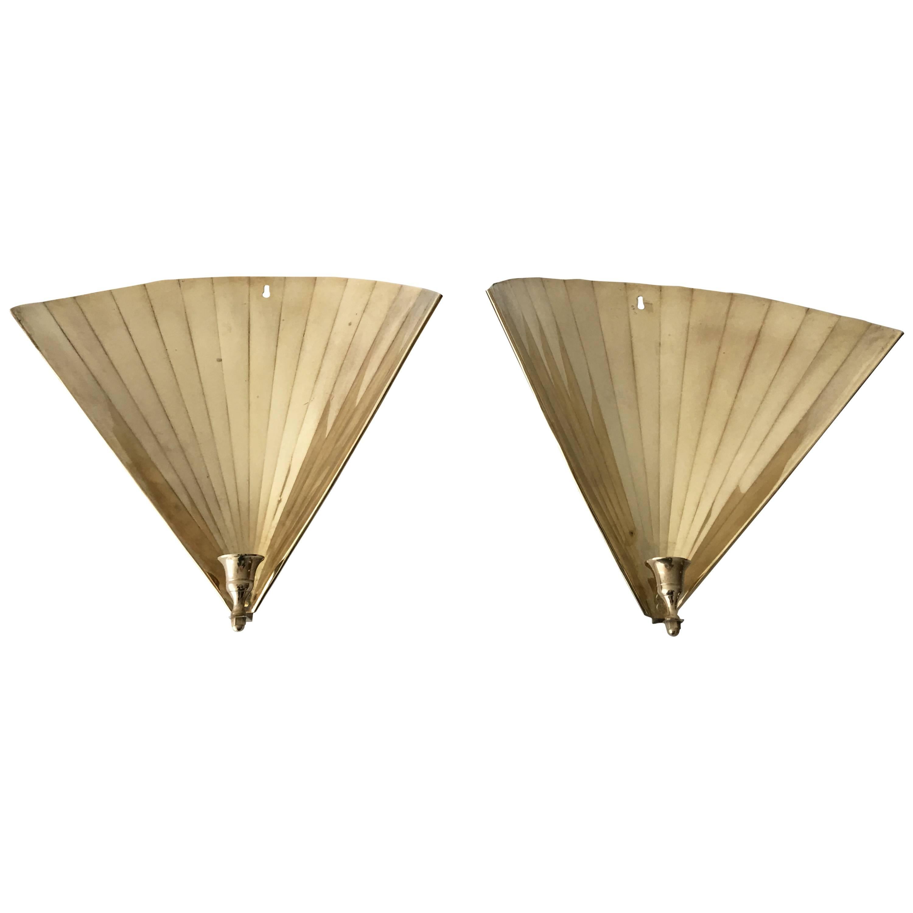 1920s Art Deco Brass Fan Shaped Candlestick Wall Sconces, Pair