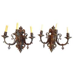 Pair of Original Gas Bronze and Copper Wall Sconces