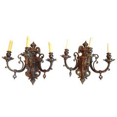 Antique Pair of Original Gas Bronze and Copper Wall Sconces