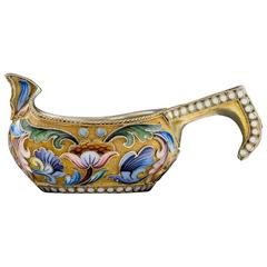 Antique 19th Century Russian Solid Silver & Shaded Enamel Kovsh, Maria Semenova