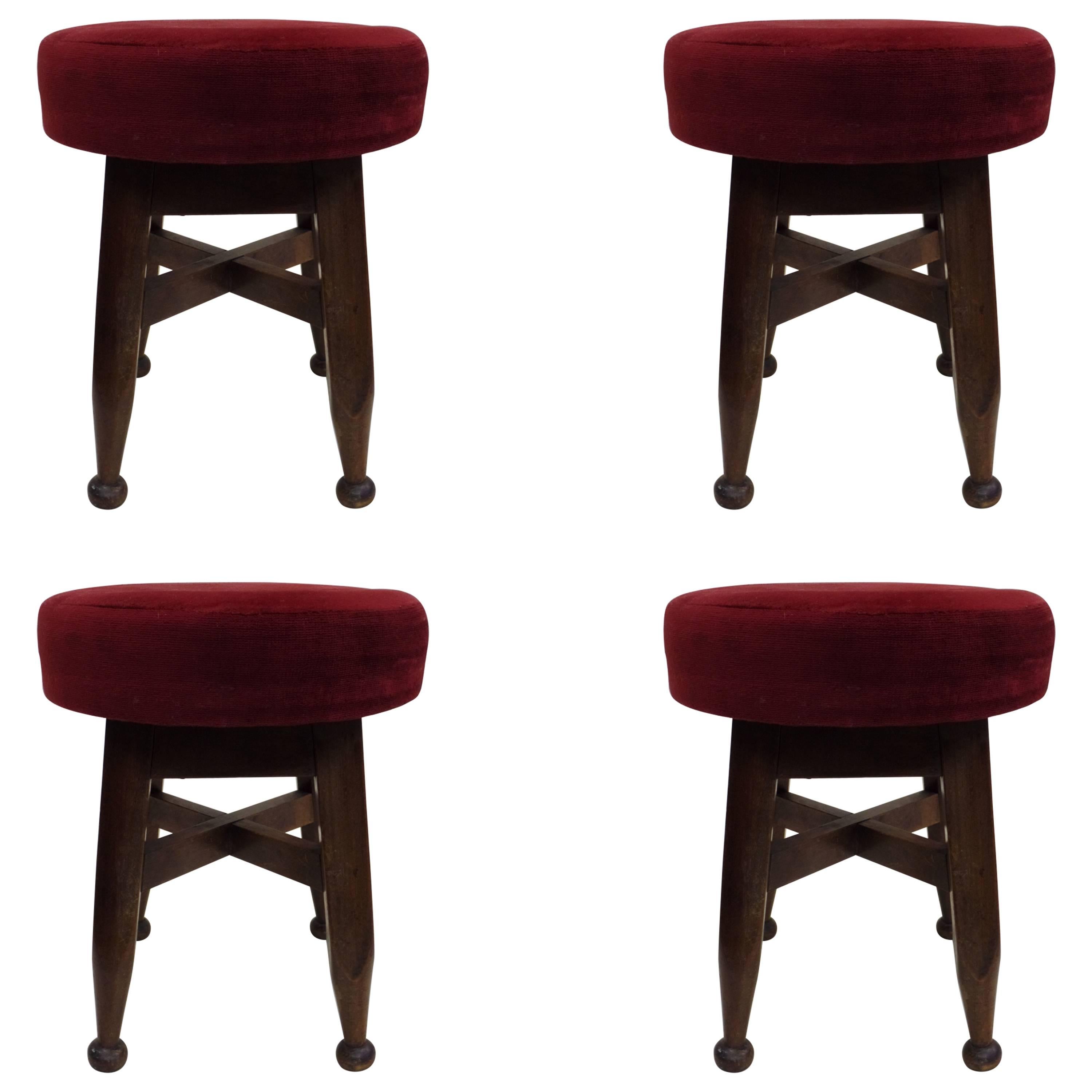 Four French Mid-Century Modern Neoclassical Hand-Carved Wood Stools, circa 1940 For Sale