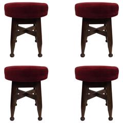 Four French Mid-Century Modern Neoclassical Hand-Carved Wood Stools, circa 1940