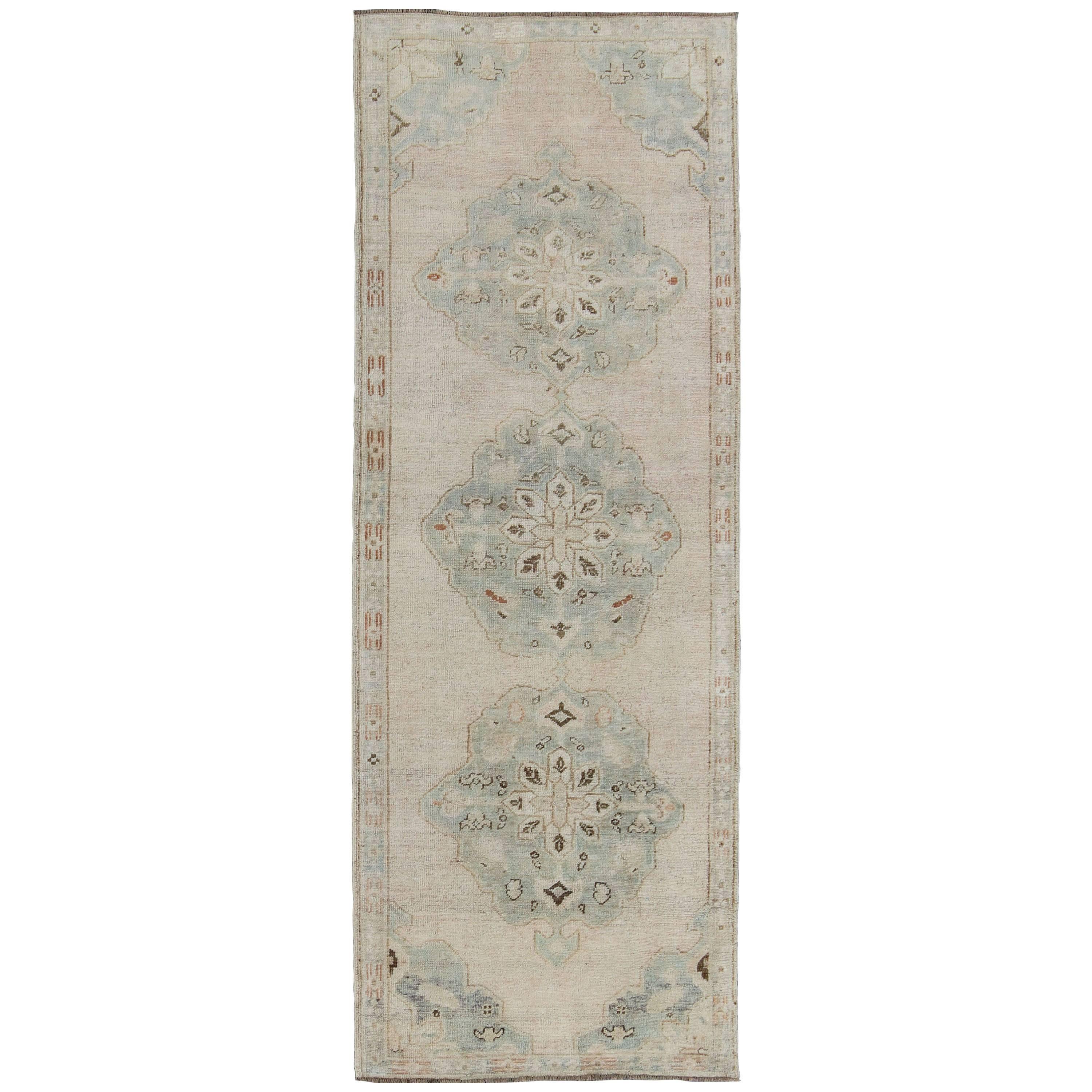 Vintage Oushak Runner in Sea-Foam Green and Blue with Medallion Design