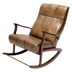 1960s Brazilian Wooden Rocking Chair in Brown Crocodile Embossed Leather