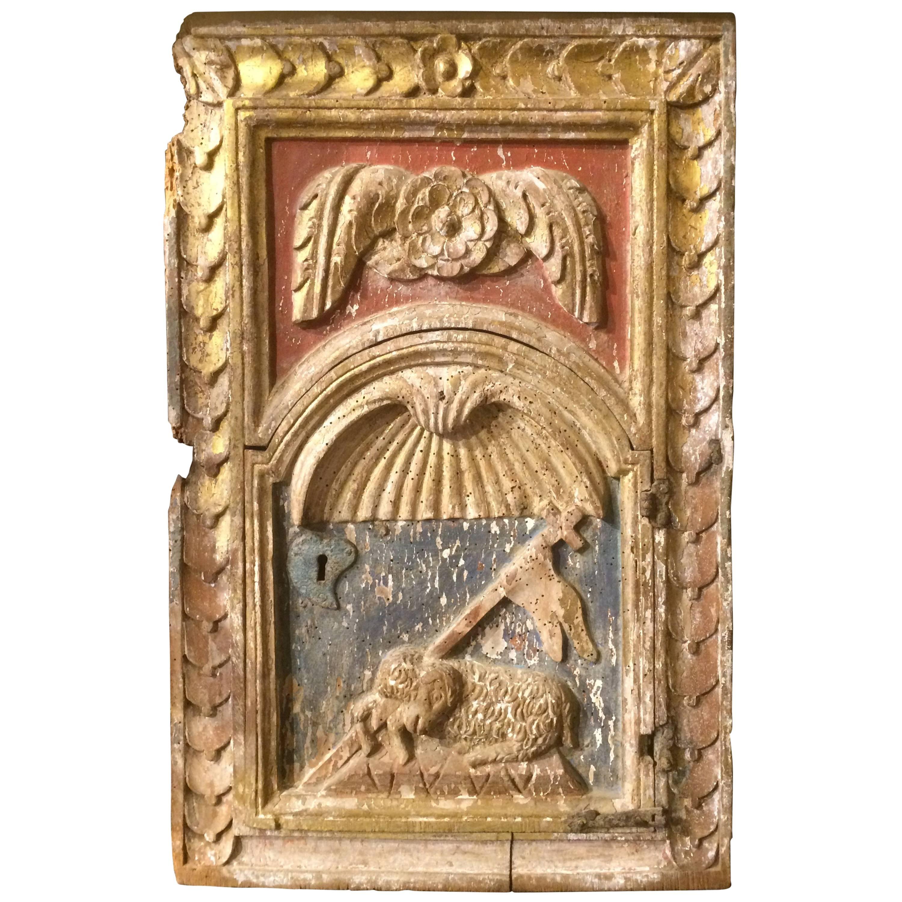 18th Century Italian Painted and Giltwood Tabernacle Door, Agnus Dei