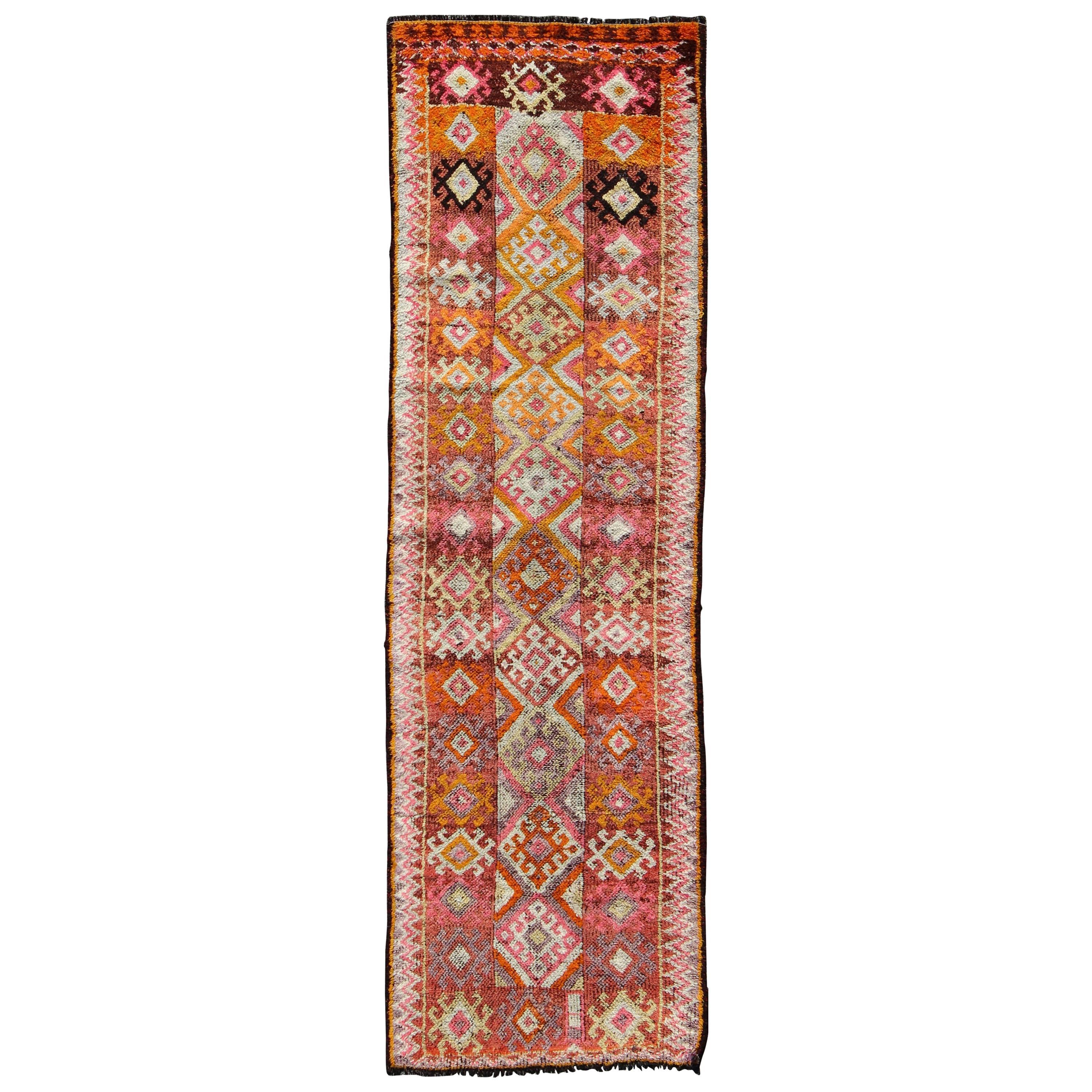 Tribal Turkish Runner with Colorful All-Over Diamond Design For Sale
