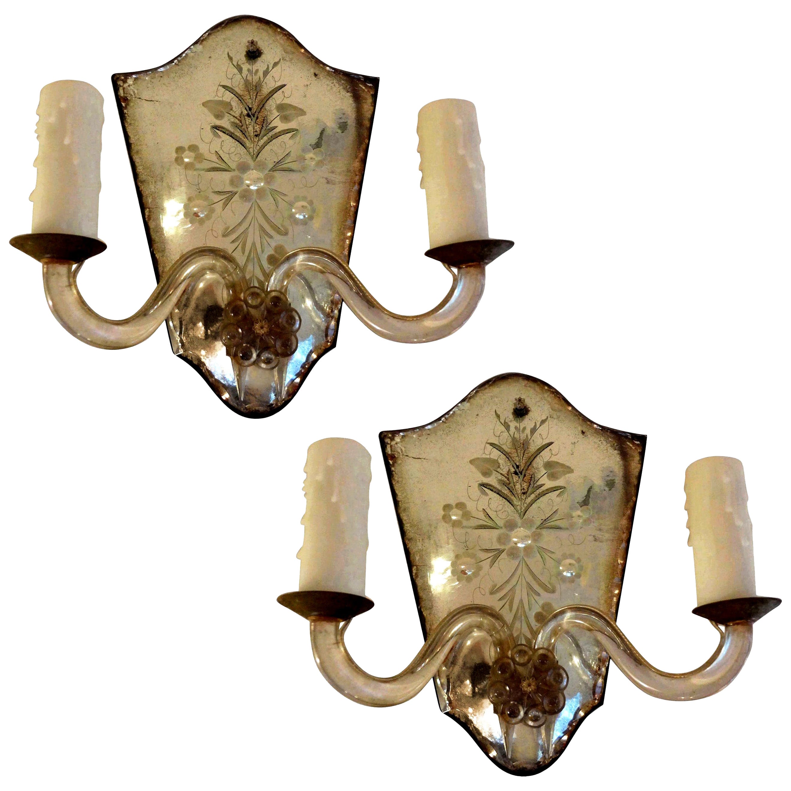 Pair of Vintage Etched Mirrored Wall Sconces at 1stDibs