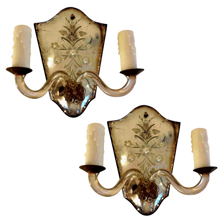 Pair of Venetian Etched Mirrored Sconces For Sale