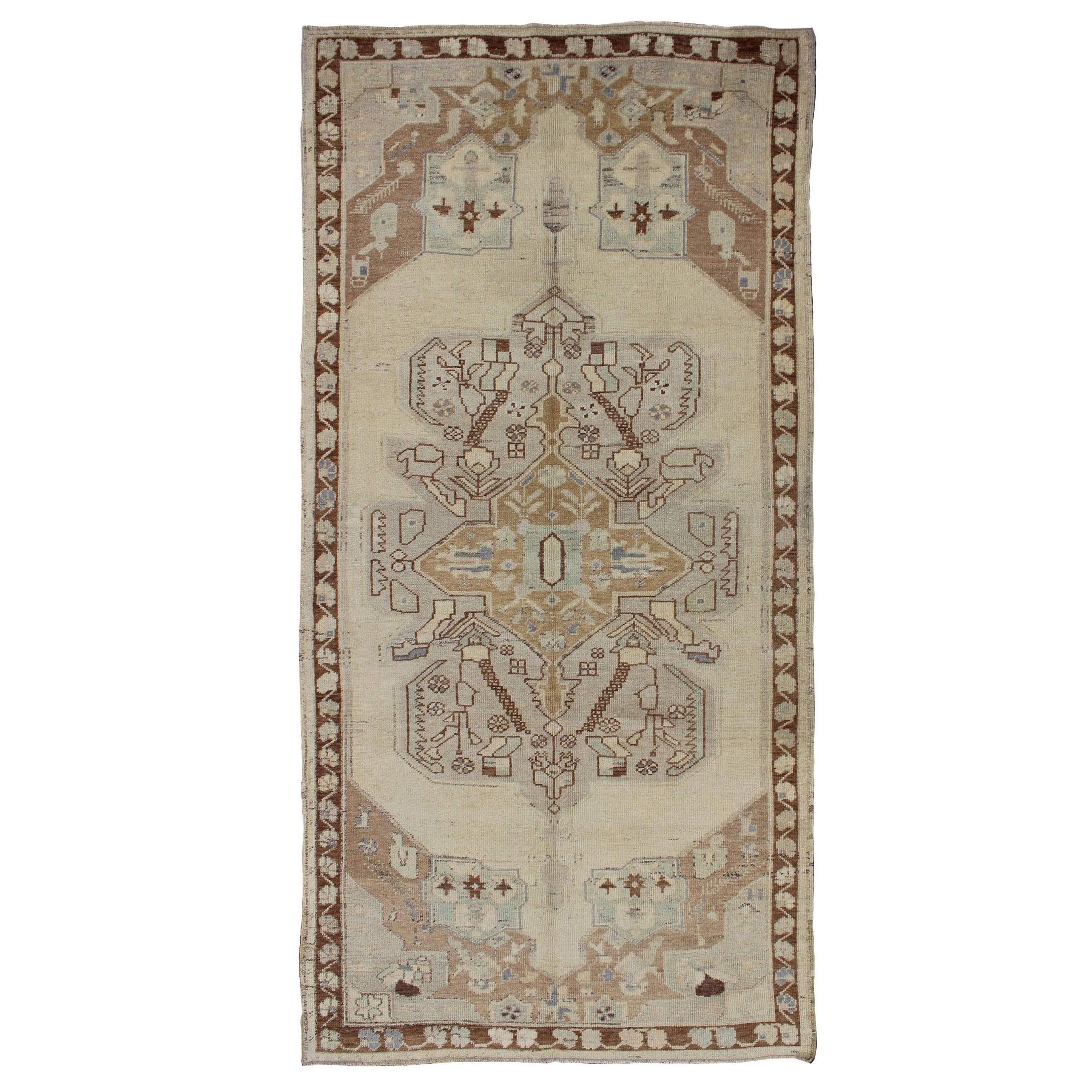 Vintage Hand Knotted Turkish Oushak Rug with Large Floral Medallion For Sale