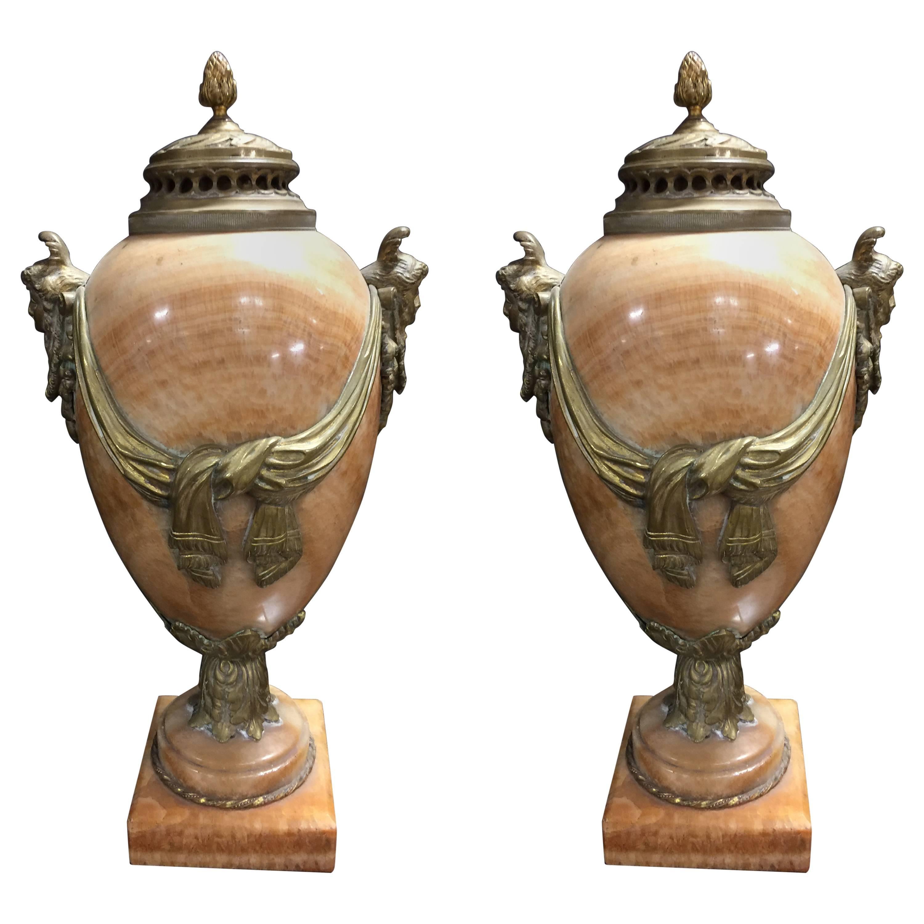 Pair 19th Century French Onyx Urns / Cassoulets with Bronze Ormolu