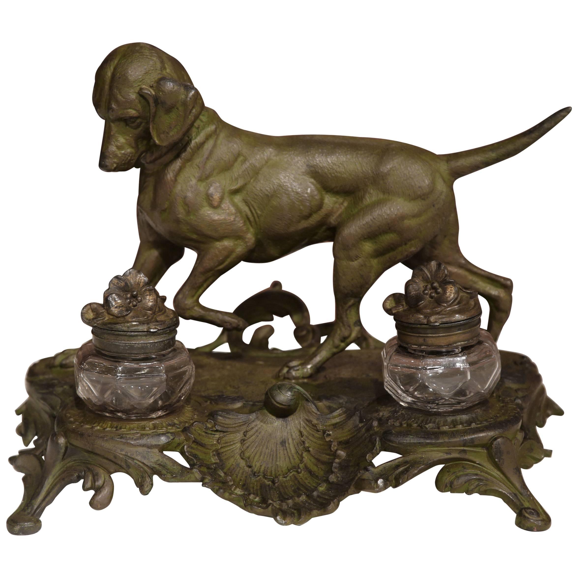 19th Century French Louis XV Patinated Spelter Inkwell with Hunting Dog
