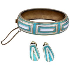 Vintage Crown Trifari Enamel Hinged Bracelet and Clip Earrings Demi Parure Set
