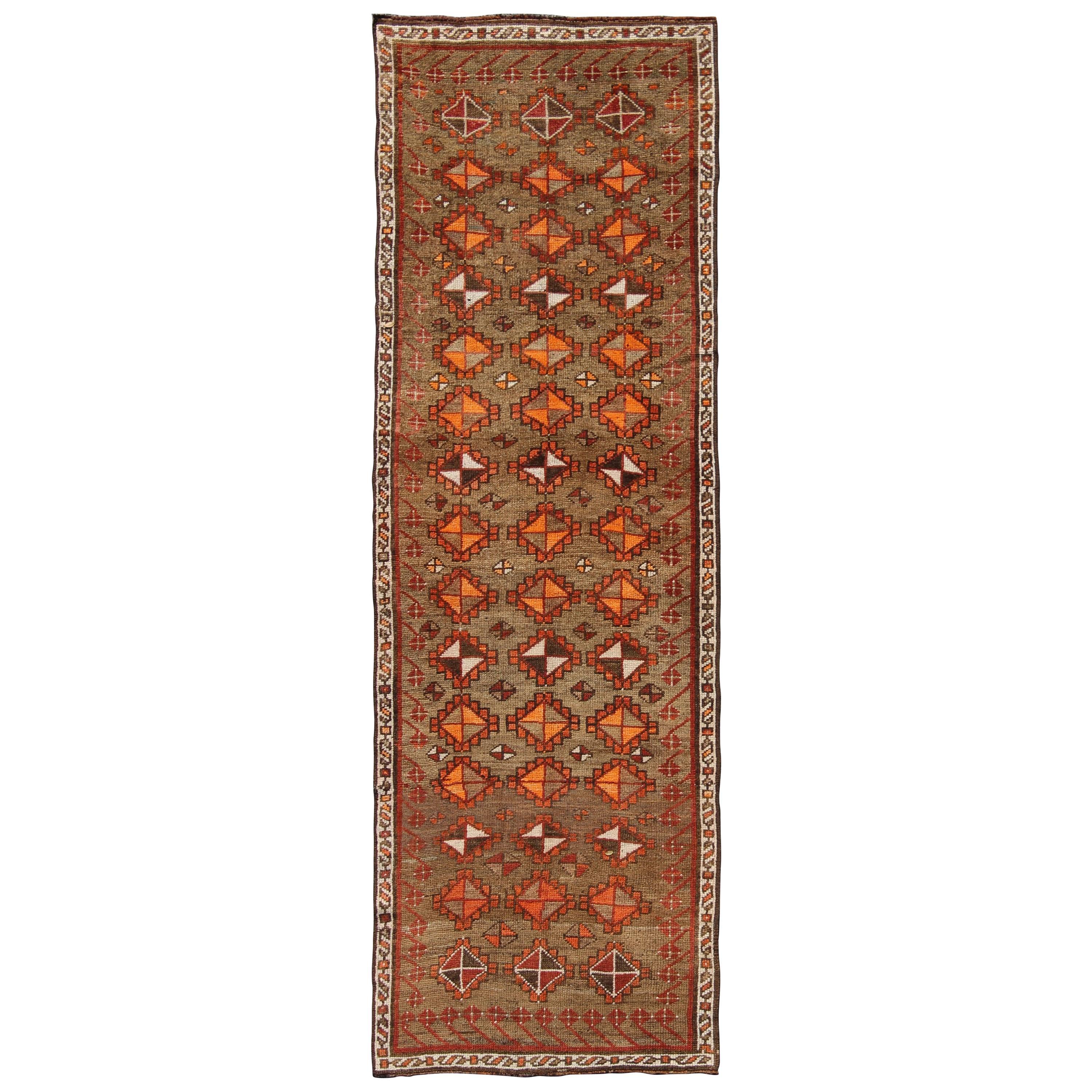 Antique Turkish Tribal Runner in Diamond Design and Geometrics in Green, Rust For Sale