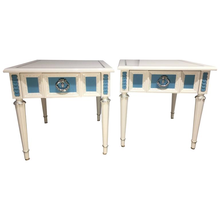 Hollywood Regency White and Blue Lacquered Nightstands, Side Table For