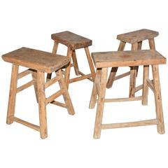 Four Rustic Asian Teak Stools, Sold Singly