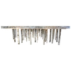One of a Kind Solid Zinc and Petrified Wood Waterfall Sculptural Dining Table