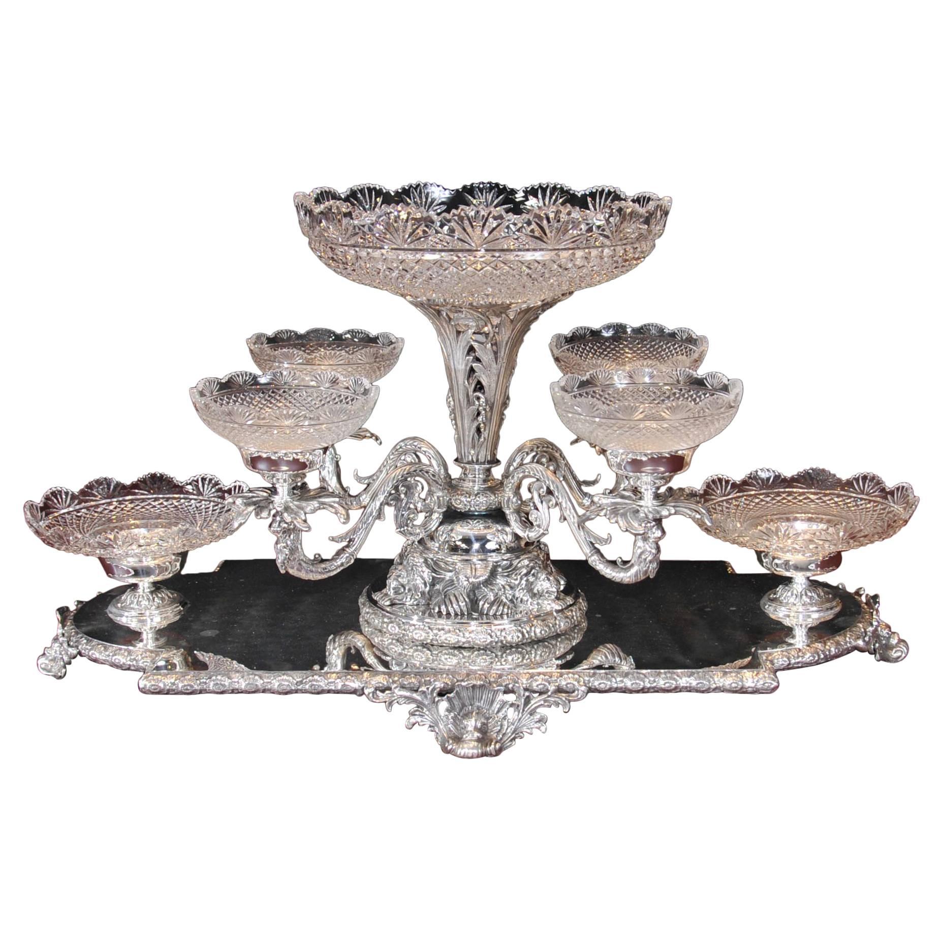 Sheffield Silver Plate Centrepiece Glass Epergne Victorian Platter For Sale