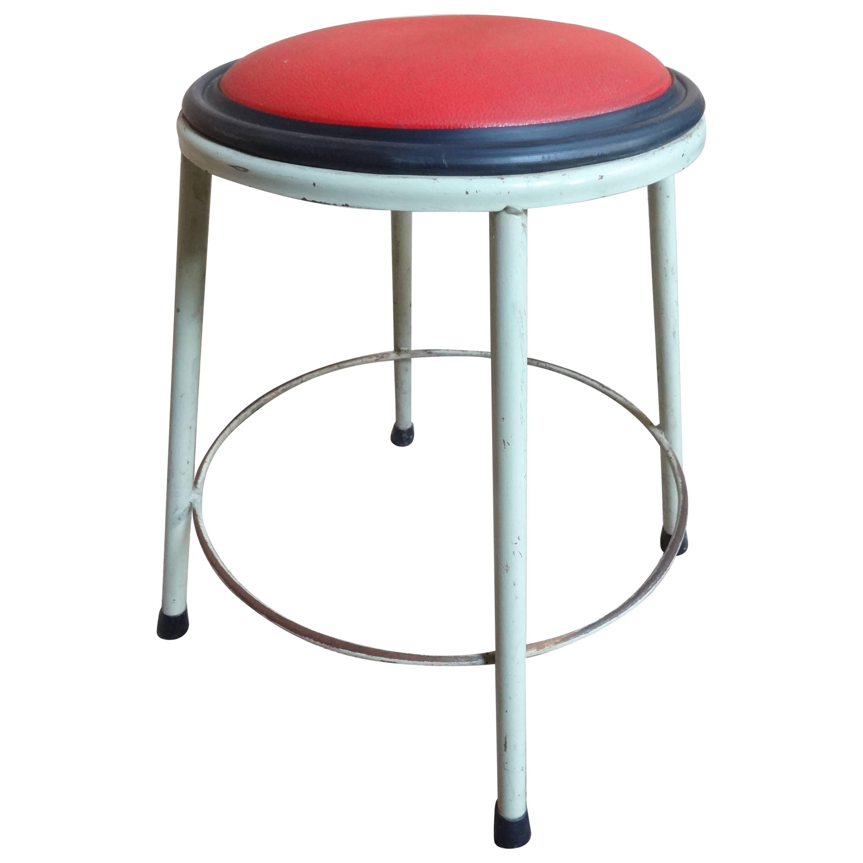 1950s Retro Vintage French Industrial Metal Stool with Red Vinyl Seat For Sale