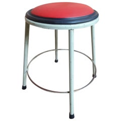 1950s Retro Vintage French Industrial Metal Stool with Red Vinyl Seat