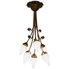 20th Century Chandelier Art Nouveau Water Lily Base Art Glass Flame Design