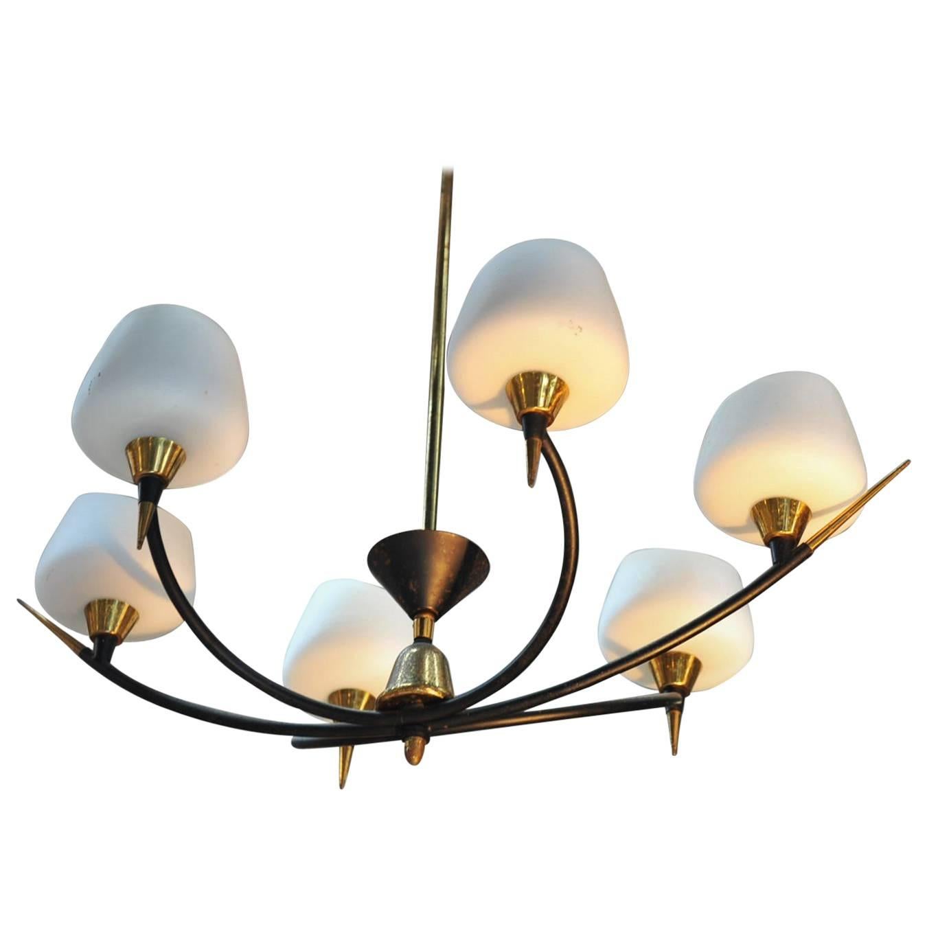 French Lunel Modern Chandelier Iron and Glass, circa 1950