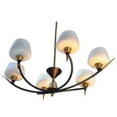 French Lunel Modern Chandelier Iron and Glass, circa 1950