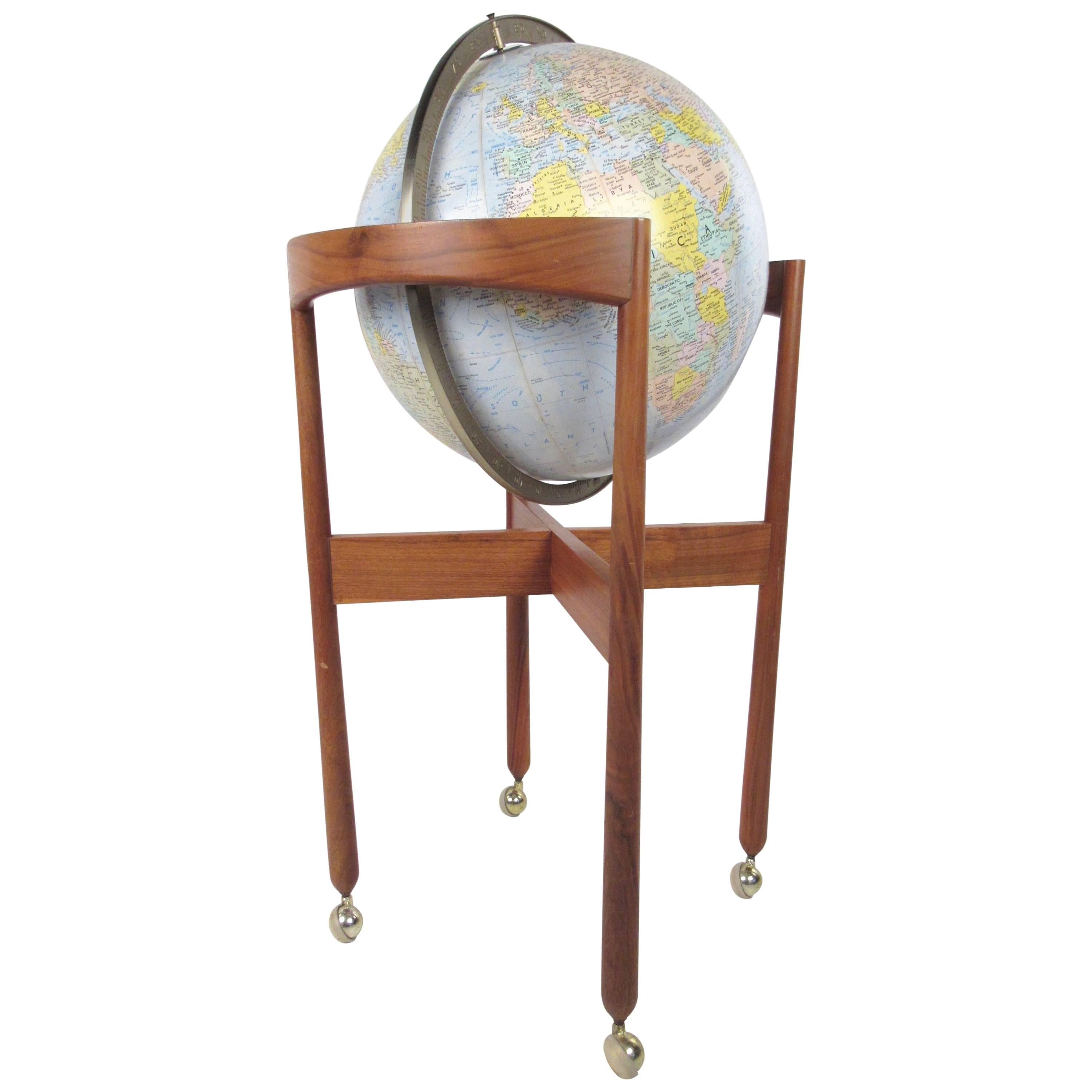 Mid-Century Modern Illuminated Replogle Globe on Teak Stand