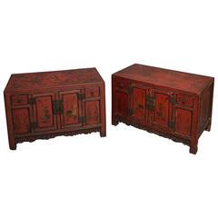 19th Century Pair of Red Lacquer Low Cabinets
