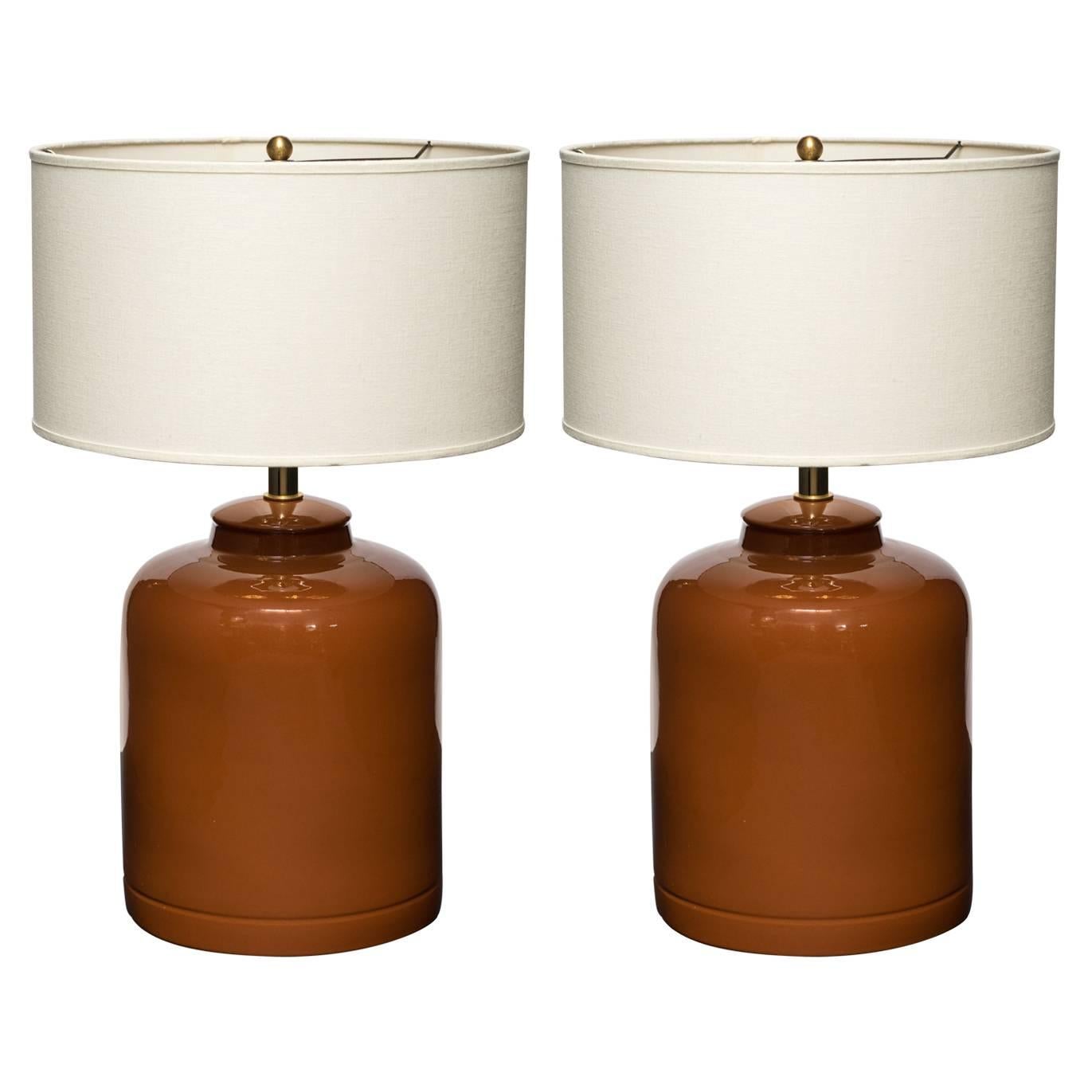 Pair of Mid-Century Modern Ceramic Table Lamps in Cognac