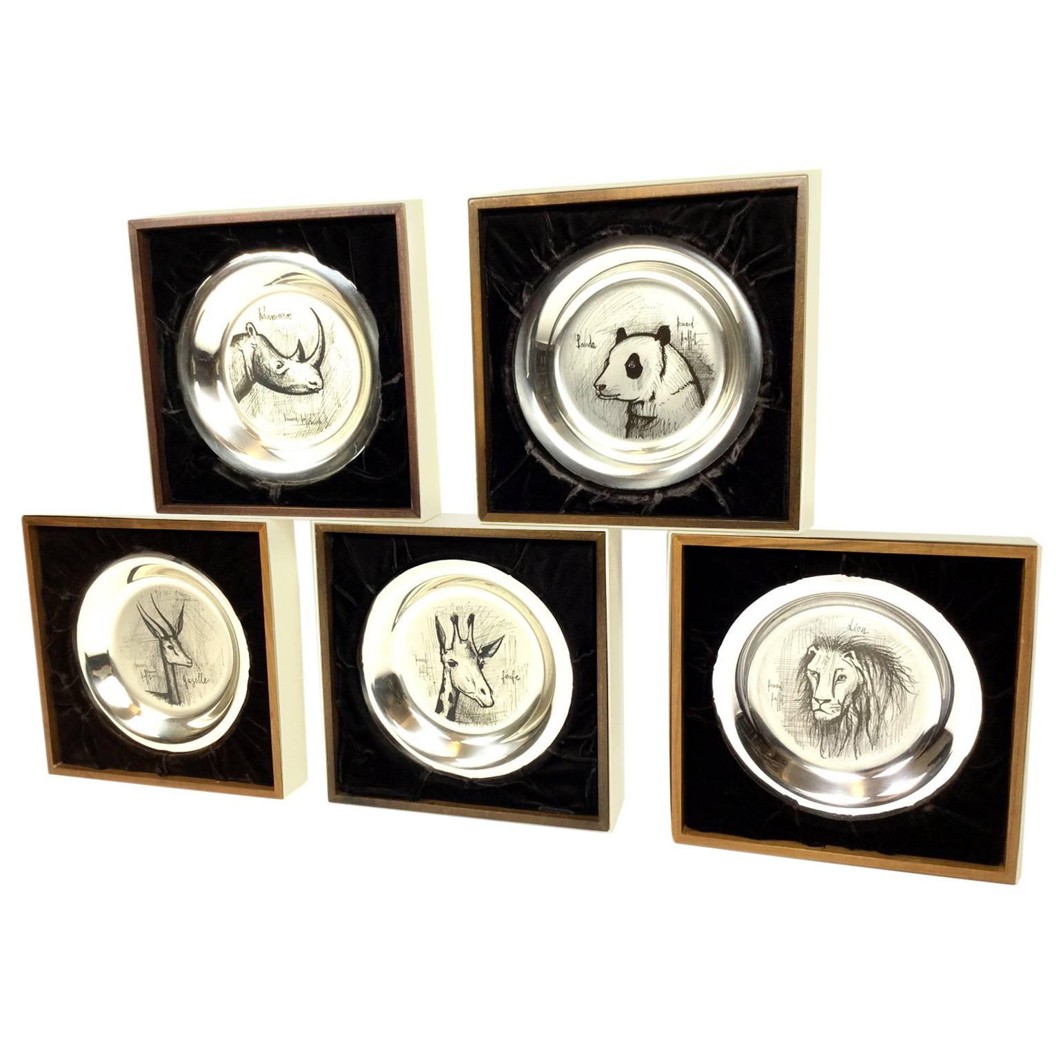 Bernard Buffet Set of Five Engraved Silver Plates For Sale