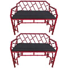 Pair of Red Lacquered Bamboo Motif Benches 9