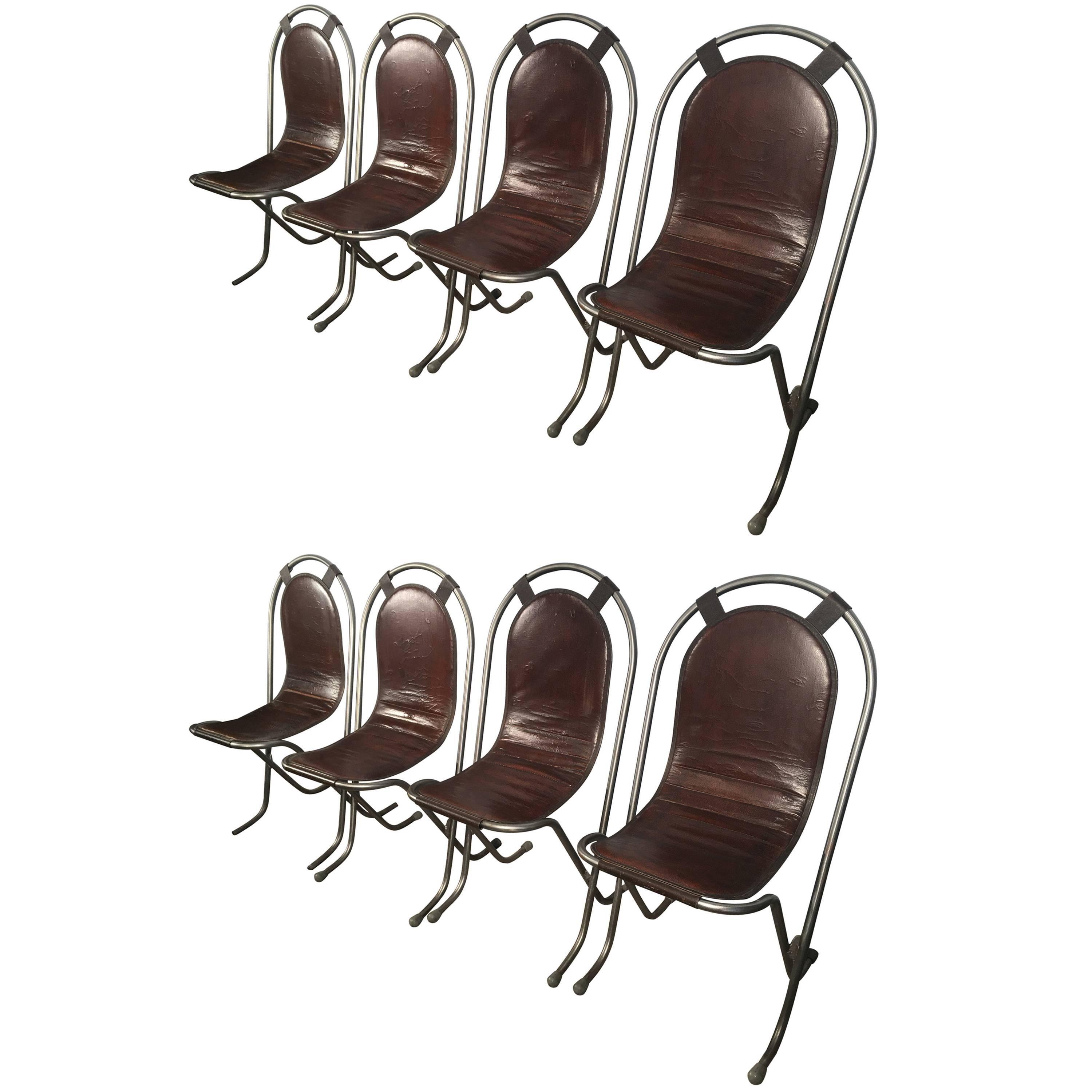 Set of Eight Steel Stak-A-Bye Chairs with Original Naugahyde Seats For Sale