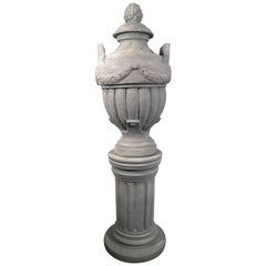 Antique Cast Stone Greek-Form Solid Urn on 19the Century Terracotta Pedestal