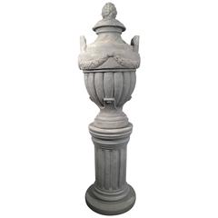 Cast Stone Greek-Form Solid Urn on 19the Century Terracotta Pedestal