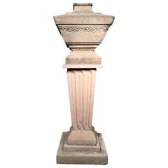Antique Solid Carved Stone English Urn on Fluted Cast Stone Pedestal