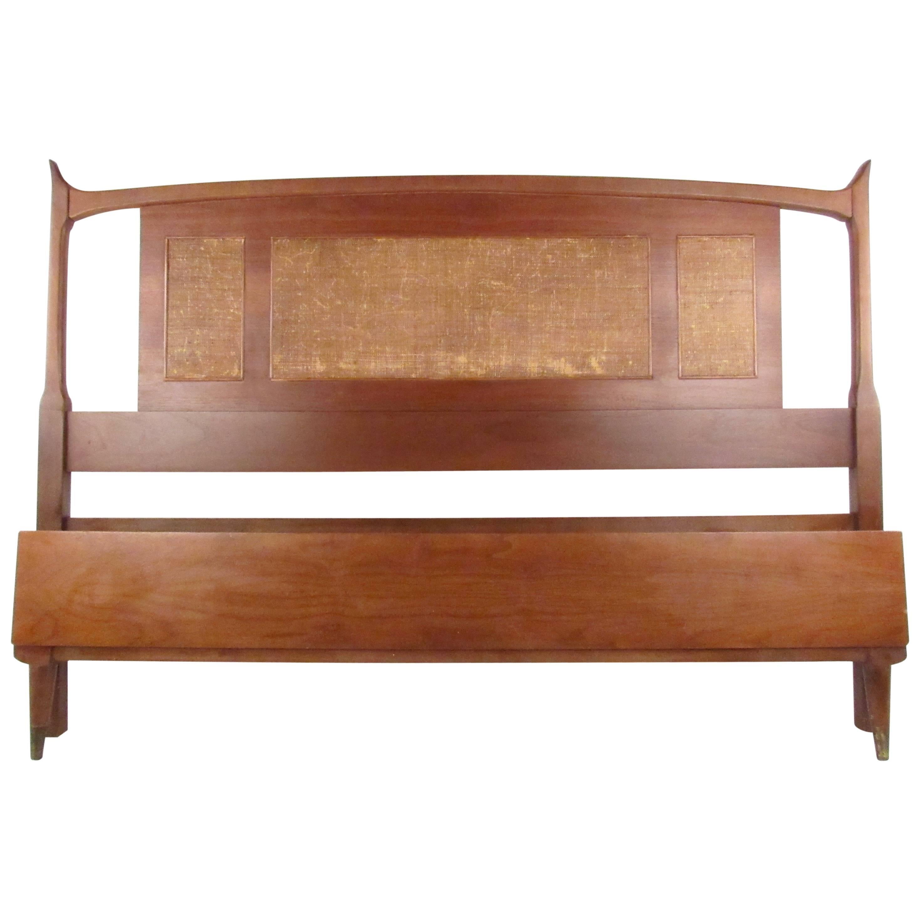 Mid-Century Modern Full Size Walnut and Cane Bed