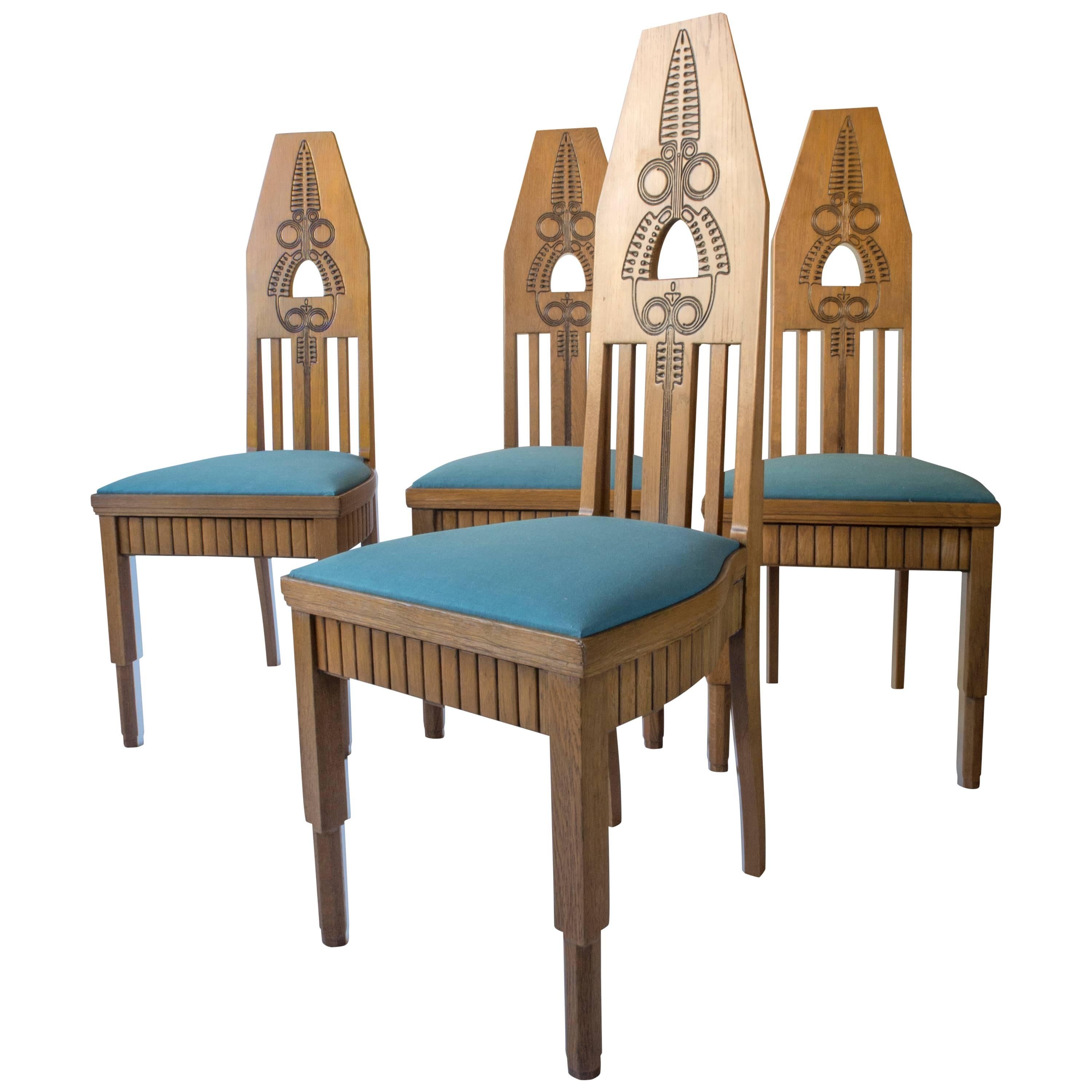 Set of Four Finnish Carved Oak High-Back Jugend Chairs For Sale