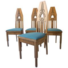 Set of Four Finnish Carved Oak High-Back Jugend Chairs